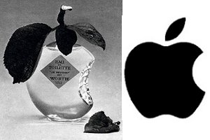 links: 1973 Parfumflakon "Je Reviens" von Worth; rechts: seit 1976 Firmenlogo der Apple Inc.